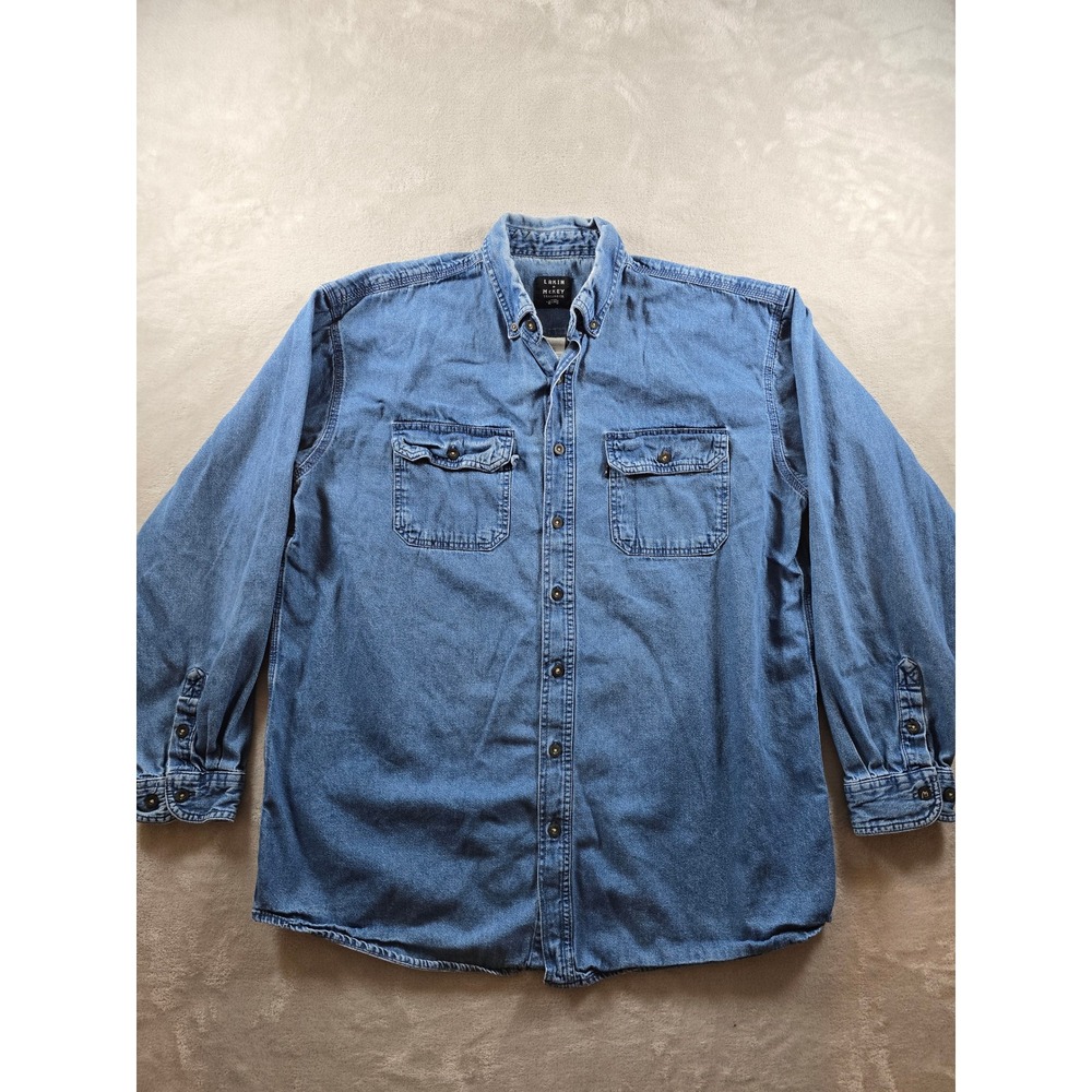 Lakin McKey Denim Button Down Shirt Mens XLT Blue Long Sleeve Workwear Chore Y2K